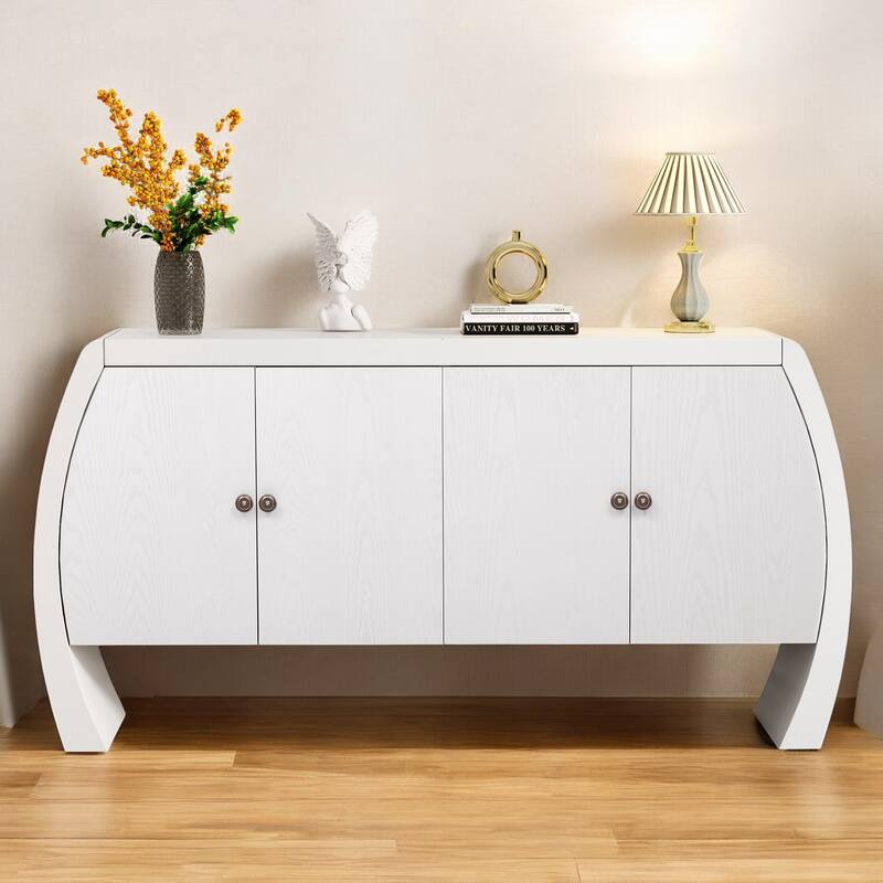 Four-Door Ash Veneer Storage Cabinet with Curved Legs, Antique Brass Handles, Perfect for Hallways, Entrances, and Living Rooms - White