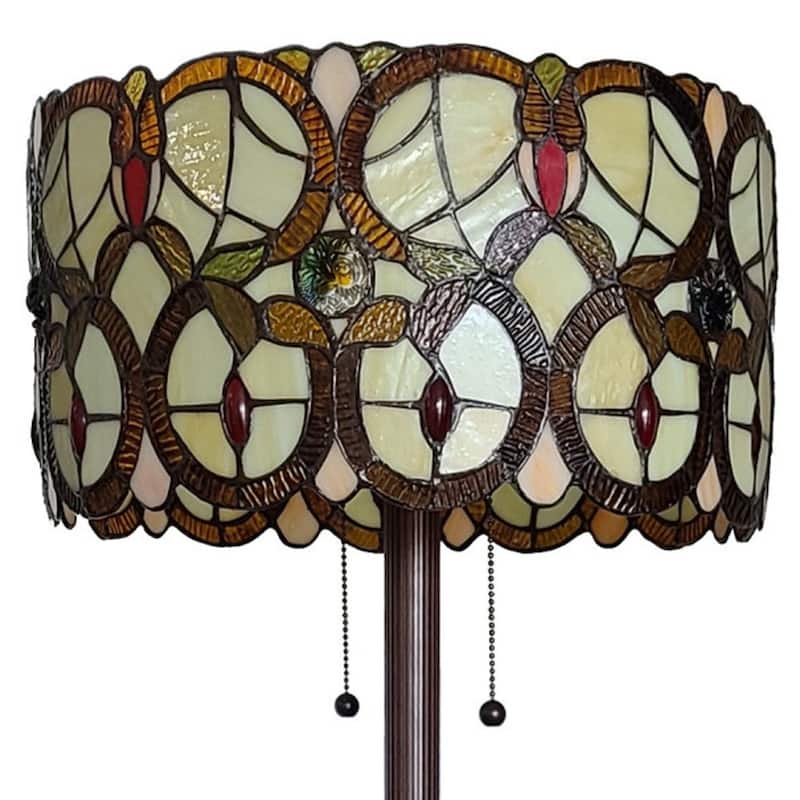 HomeRoots 63" Beige Metal Two Light Torchiere Floor Lamp With Red And White Flowers Glass Drum Shade - 16