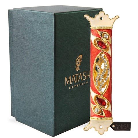 Matashi 4.5" Hand Painted Enamel Mezuzah Embellished with a Royal Red Design with Gold Accents Red and Clear Crystals