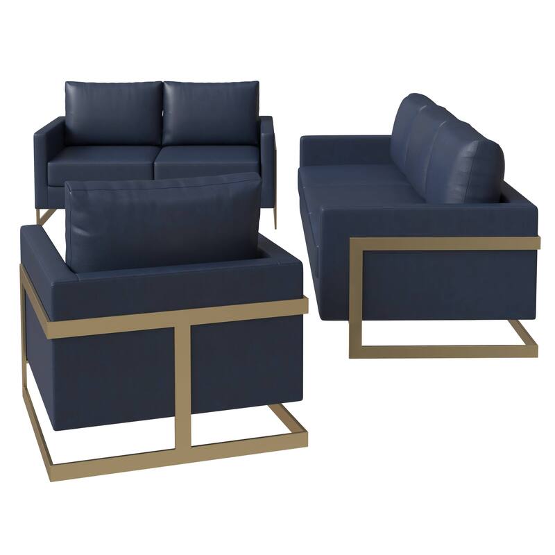 3-Piece Leather Sofa Set with Gold Stainless Steel Base and Removable Cushions