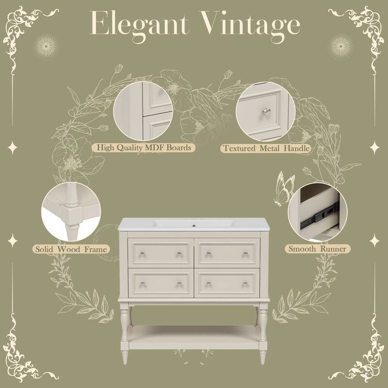 36" Bathroom Vanity Cabinet with Sink Combo Set, Undermount Ceramic Sink, Free Standing Vanity Set with 4 Drawers
