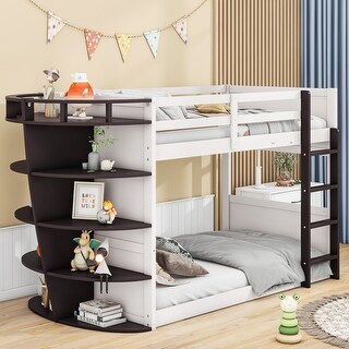 Espresso Twin Size Pine Wood Boat-Shape Bunk Bed with Storage Shelves, Guardrails, Ladder