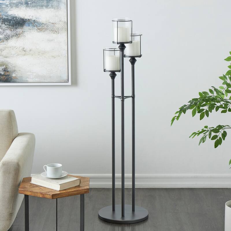 Metal Tall Floor Hurricane Lamp with 3 Posts and Round Base - Black - Roche River Decor - 14"W x 14"L x 55"H