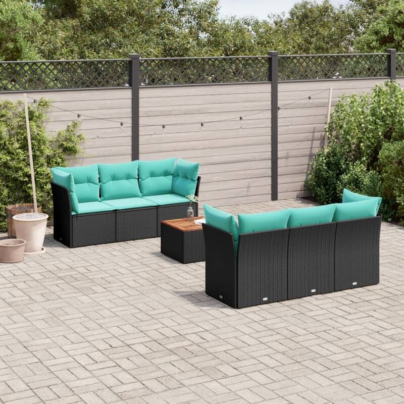 vidaXL 7 Piece Patio Sofa Set with Cushions Black Poly Rattan - 24.4 x 24.4 x 27.2