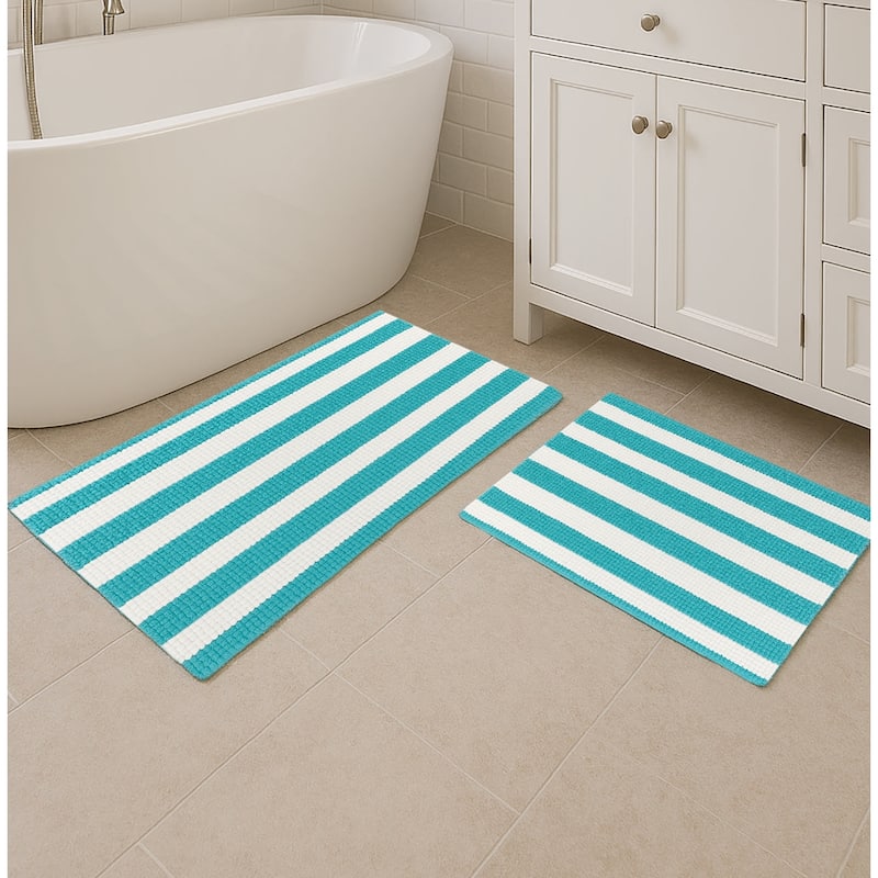 Large 2 Piece Set Light Blue White Stripe Soft Cozy Plush Chenille Bath Mat Bathroom Rug - Blue & White