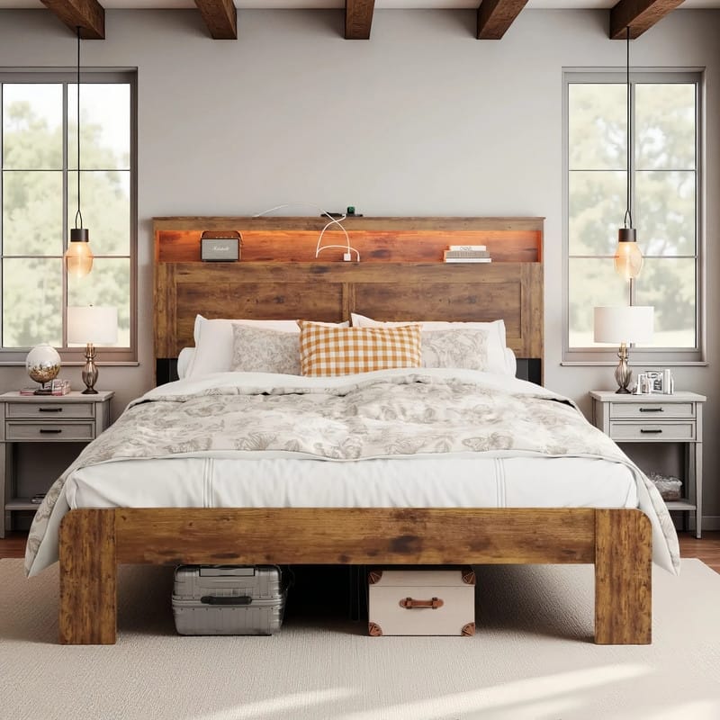 Wood Platform Bed Frame with Storage LED Light Headboard and 2 USB, Under Bed Storage, No Box Spring Needed