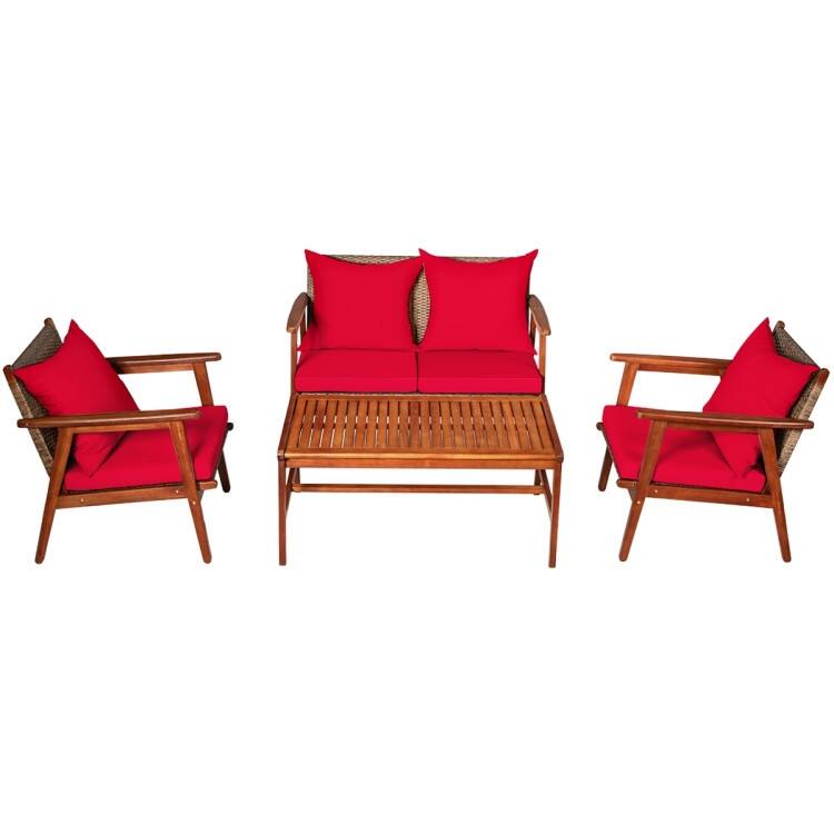 4 Piece Acacia Wood Patio Rattan Furniture Set with Cushions - 45" x 27.5"x 29.5" (L x W x H)