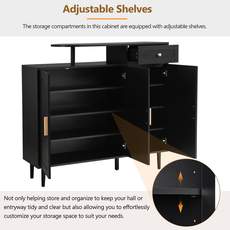 Elegant Shoe Cabinet with Arched Doors and Drawer, Cream Style Storage Sideboard with Adjustable Shelves and Solid Wood Legs