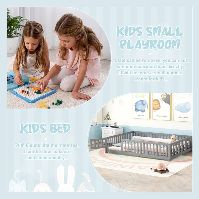 Full Size Pine Wood Floor Bed with Safety Guardrails and Door for Kids, Boys, Girls, Bedroom