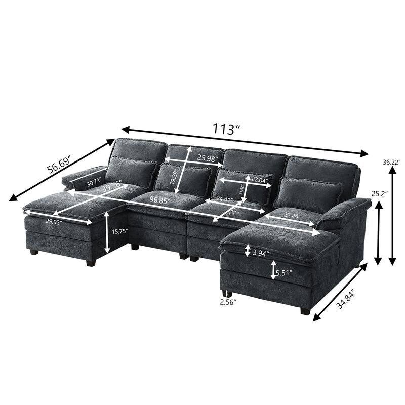 113 Inches Oversized Double Layer Cloud Design U Shaped Sofa with Double Chaise
