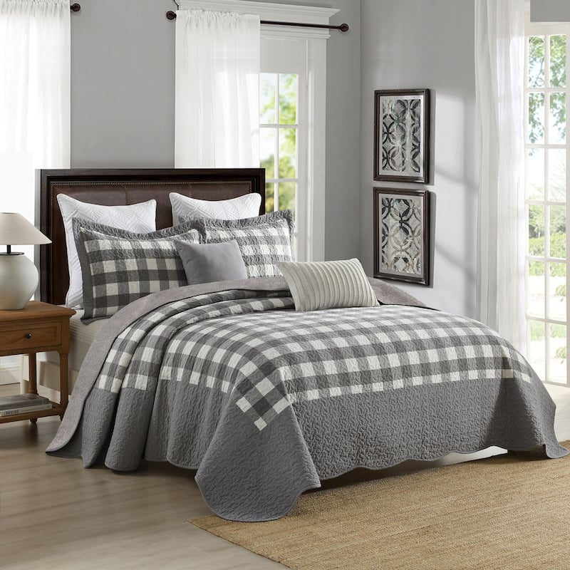 3 Pcs Grey White Checkered Quilted Bedspread Set