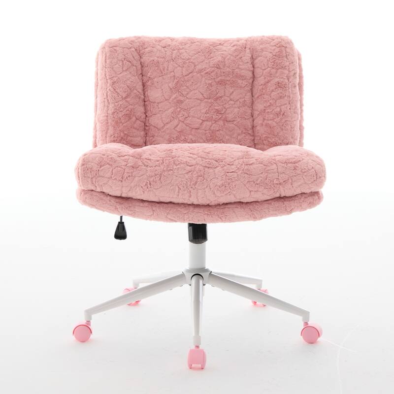 Roomfitters Wide Faux Fur Office Chair, Adjustable Swivel Desk Chair with White Metal Base, Cozy Upholstered Vanity Chair