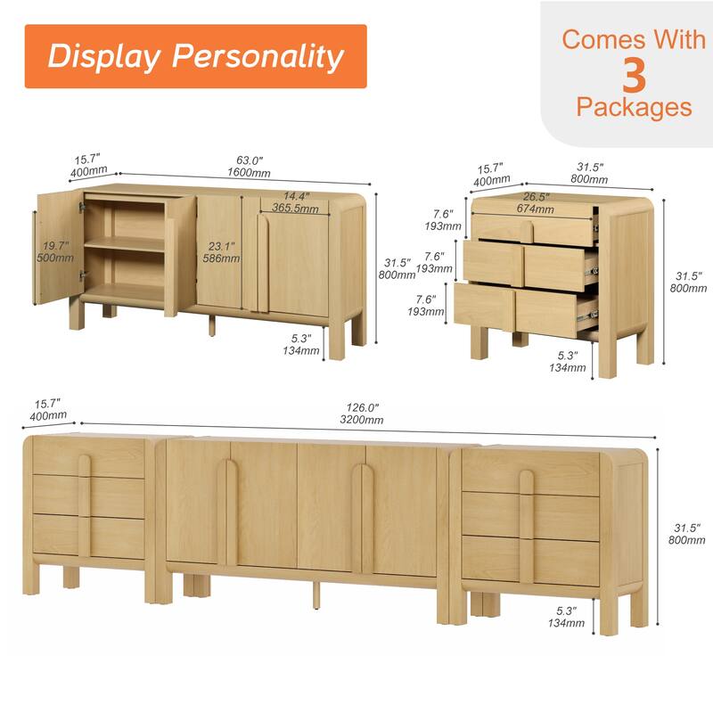 WAMPAT 3-Piece Sideboard Buffet With Storage, Mid-Century Modern 126" Wood Credenza With Doors And Adjustable Shelves