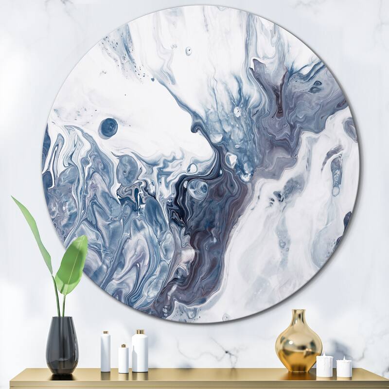 Designart 'Blue Grey And White Liquid Art Waves I' Modern Metal Circle Wall Art - 36x36 - Disc of 36 Inch