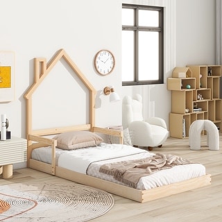 Twin Size Pine Wood House-Shaped Headboard Floor Bed with Handrails and Slats