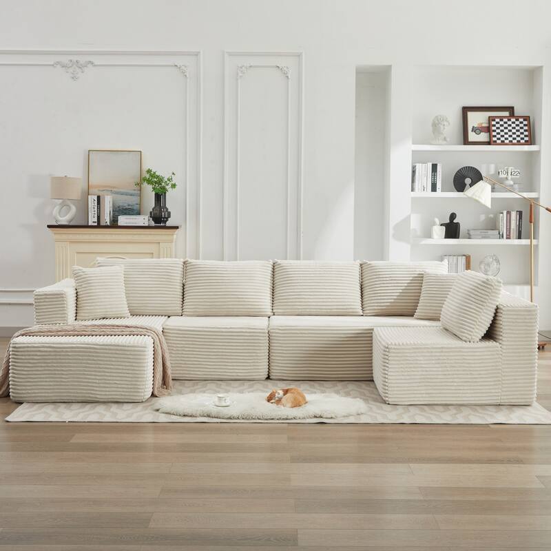 Modular Sectional Sofa with L-Shape Chaise, Oversized Corduroy Upholstered Cloud Sofa, Deep Seat Sofa with 2 Throw Pillows