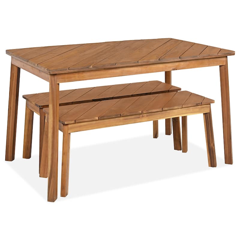 3 Pieces Acacia Wood Table Bench Dining Set for Outdoor & Indoor Furniture w/ 2 Benches & Picnic Beer Table