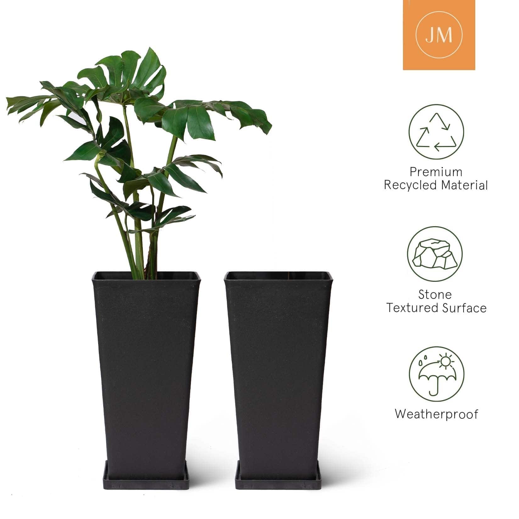 Tall Black Planters Set of 2, 26 Inch Large Outdoor Planters, Rectangle Large Garden Flower Pots