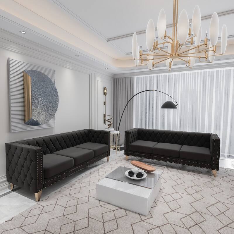 2-Pieces Velvet Upholstered 3 Seat Sofa, Classic Chesterfield Couch Buttons Tufted Square Arm Sofa with Nailheads and Metal Legs - Black
