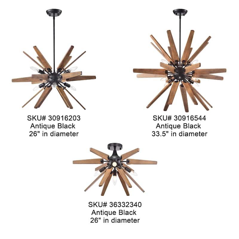 Bernice 8-light Antique Black Sputnik Natural Wood Chandelier