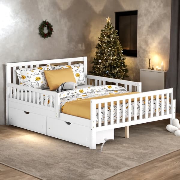 slide 2 of 22, Full Size Wood Platform Bed with Guardrails on Both Sides and Two Storage Drawers White