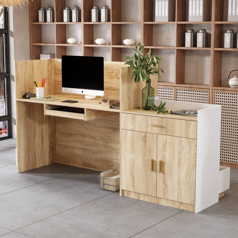 Stylish Office Welcome Desk Table White Oak Finish with Keyboard Shelf - 87.2"