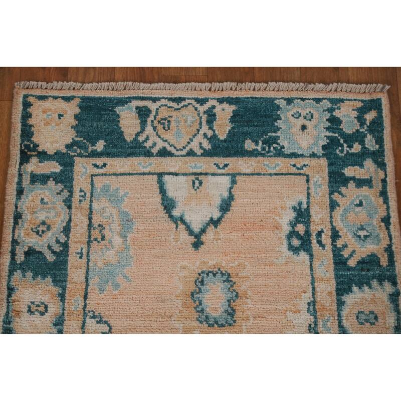 Hand Knotted Oriental 100% Wool Carpet Transitional Geometric Peach Oushak Area Rug - 2' 11'' X 2' 1''