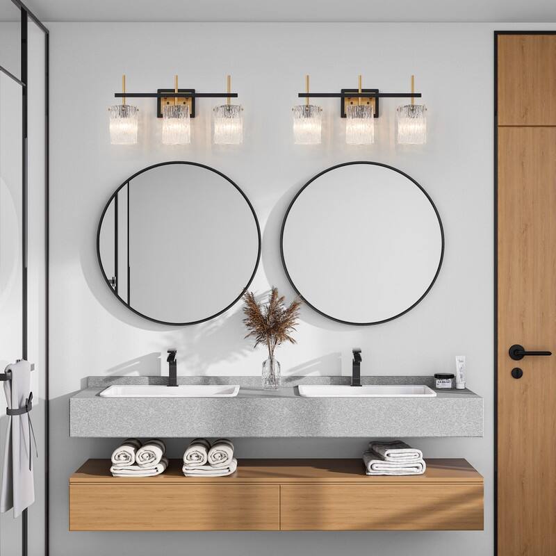 KAWOTI 22" Black &Gold Vanity Light with Textured Glass Shade - W22" x D6.5" x H11.13"