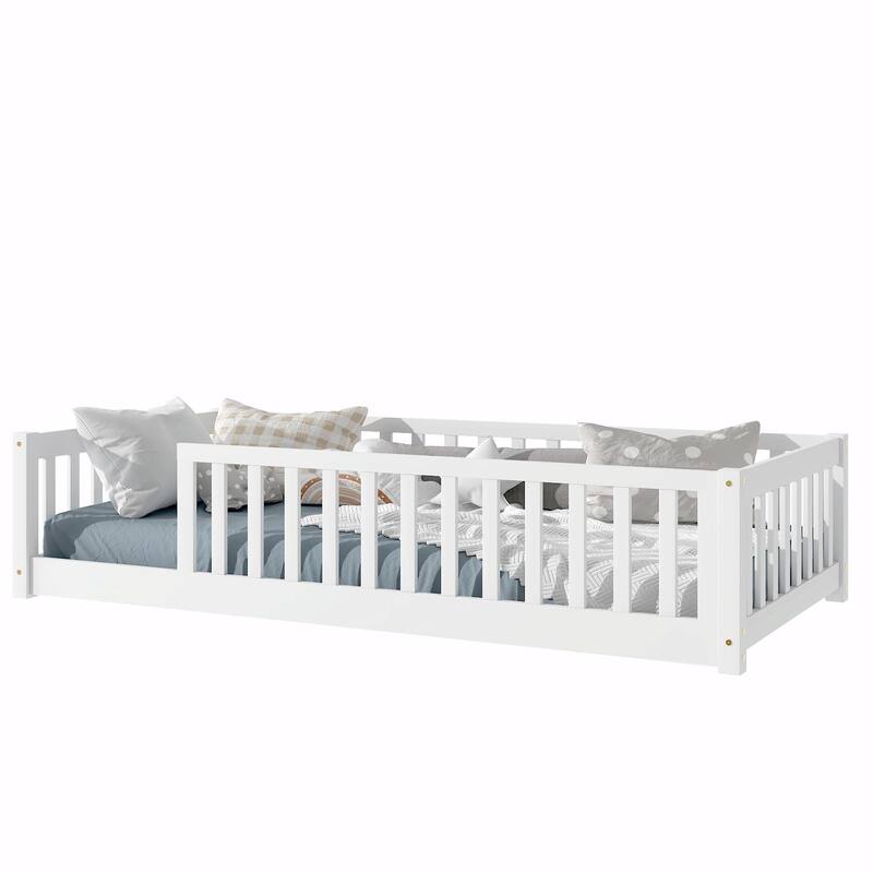 Twin Size Floor Bed with Fence without Door, Rubber Wood Floor Bed with Safety Guardrails