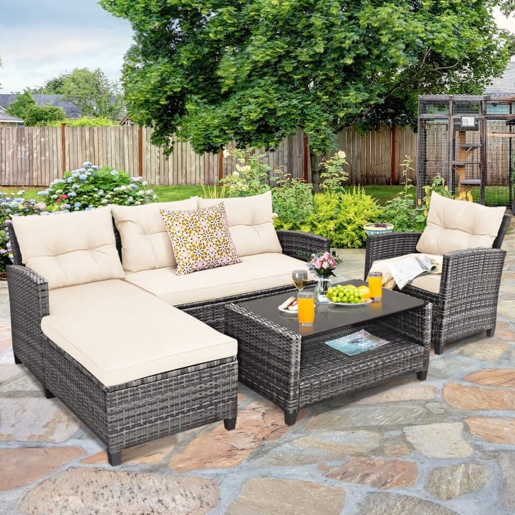4 Pieces Patio Rattan Furniture Set with Cushion and Table Shelf - 27.5" x 47" x 30" (L x W x H)