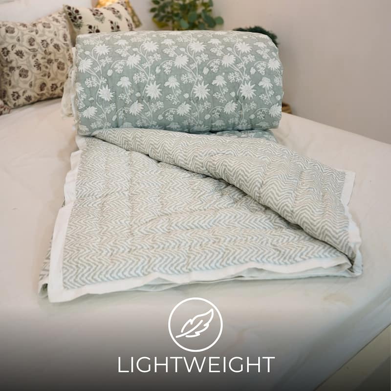 Fabdivine Handmade Luxury Hand Block Print Cotton Quilt - Both Side Printed Blue White Floral, Double-Sided Reversible Bedspread