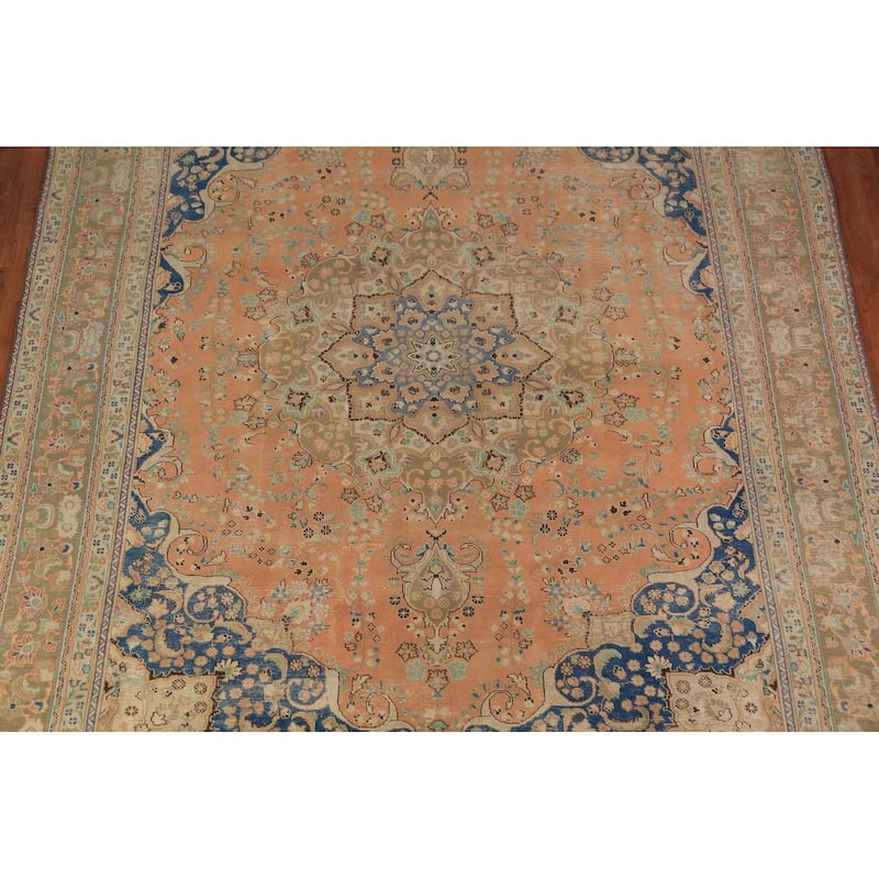 Floral Orange Mashad Persian Area Rug Hand-Knotted Wool Carpet - 9'7"x 12'7"
