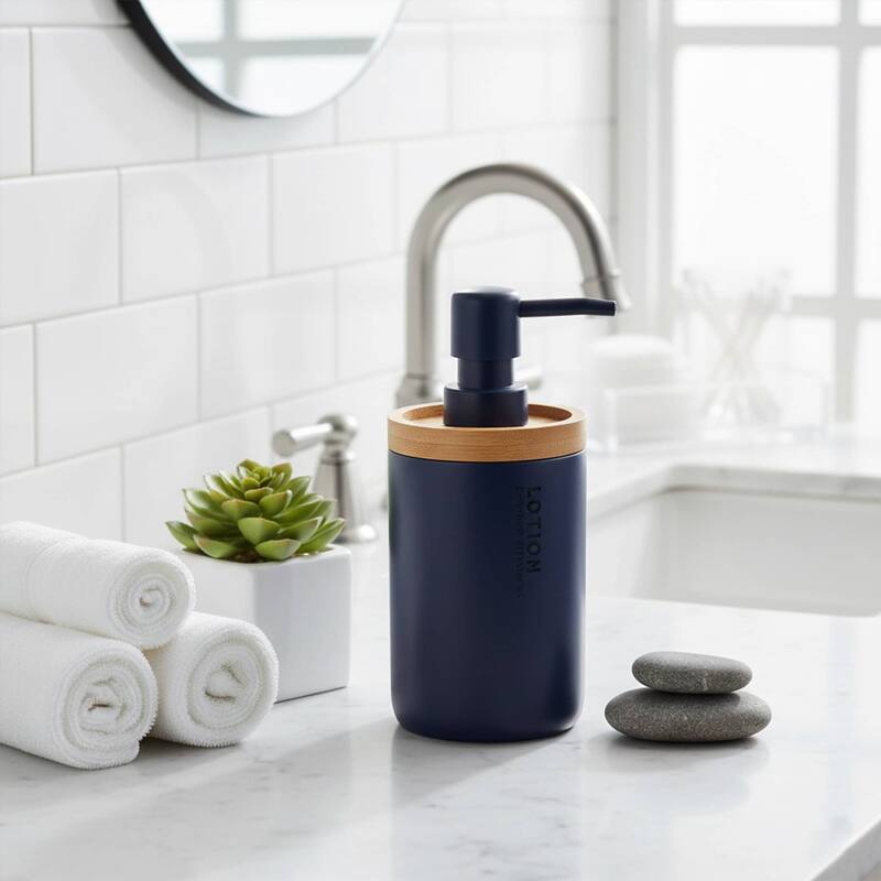 Elegant Soap Dispenser - Polyresin and Bamboo Design, Refillable Liquid Pump - 3 L x 3 W X 7 h - Navy Blue