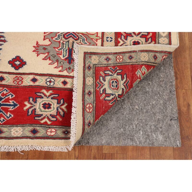 Geometric Kazak Area Rug Hand-Knotted Beige Wool Carpet - 5'2" x 6'6"
