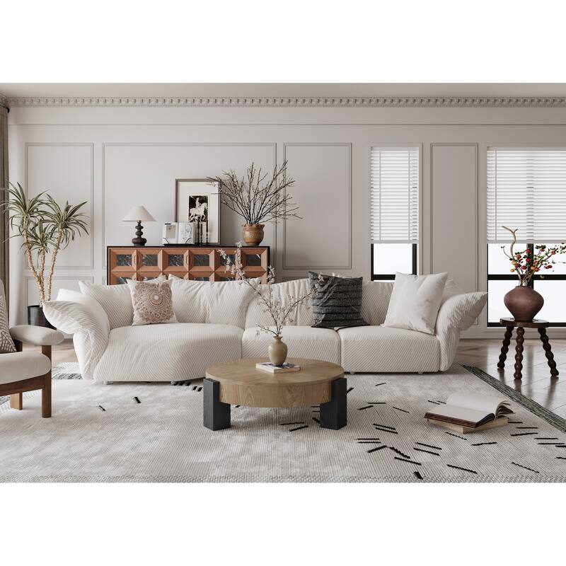 33" Round Coffee Table with Hidden Storage, Parquet Veneer Top Table, 3 Block Legs Sturdy Center Accent Table for Living Room