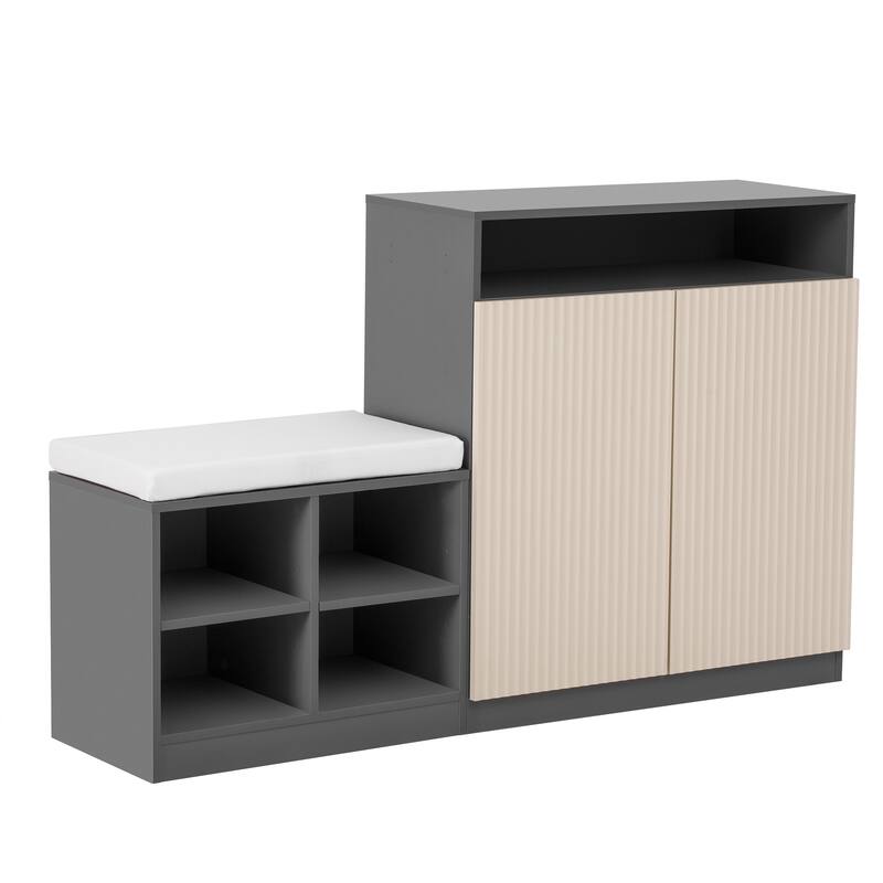 Shoe Cabinet with Bench, Doors & Adjustable Shelves, Entryway Bench with Open Shoe Racks, Storage Console Table with Hooks