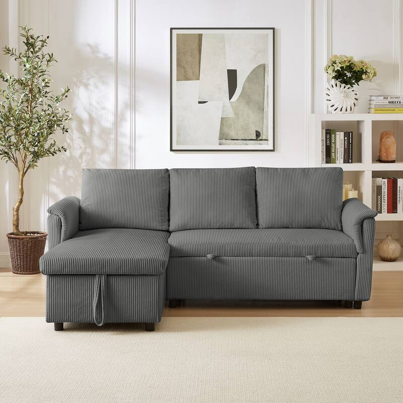 Convertible Corduroy Modular Loveseat Pull-Out Sleeper with Storage Chaise and Reclining Backrest for Living Room