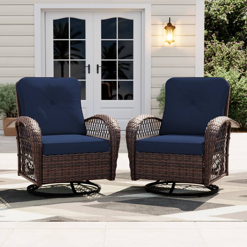 UPHA Wicker Outdoor Rocking & Swivel Chair 2-Piece Set with Cushions - Blue