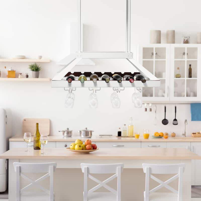 36.25" Modern Kitchen LED Ceiling Light with Wine Rack and White Metal Storage for 14 Bottles and More