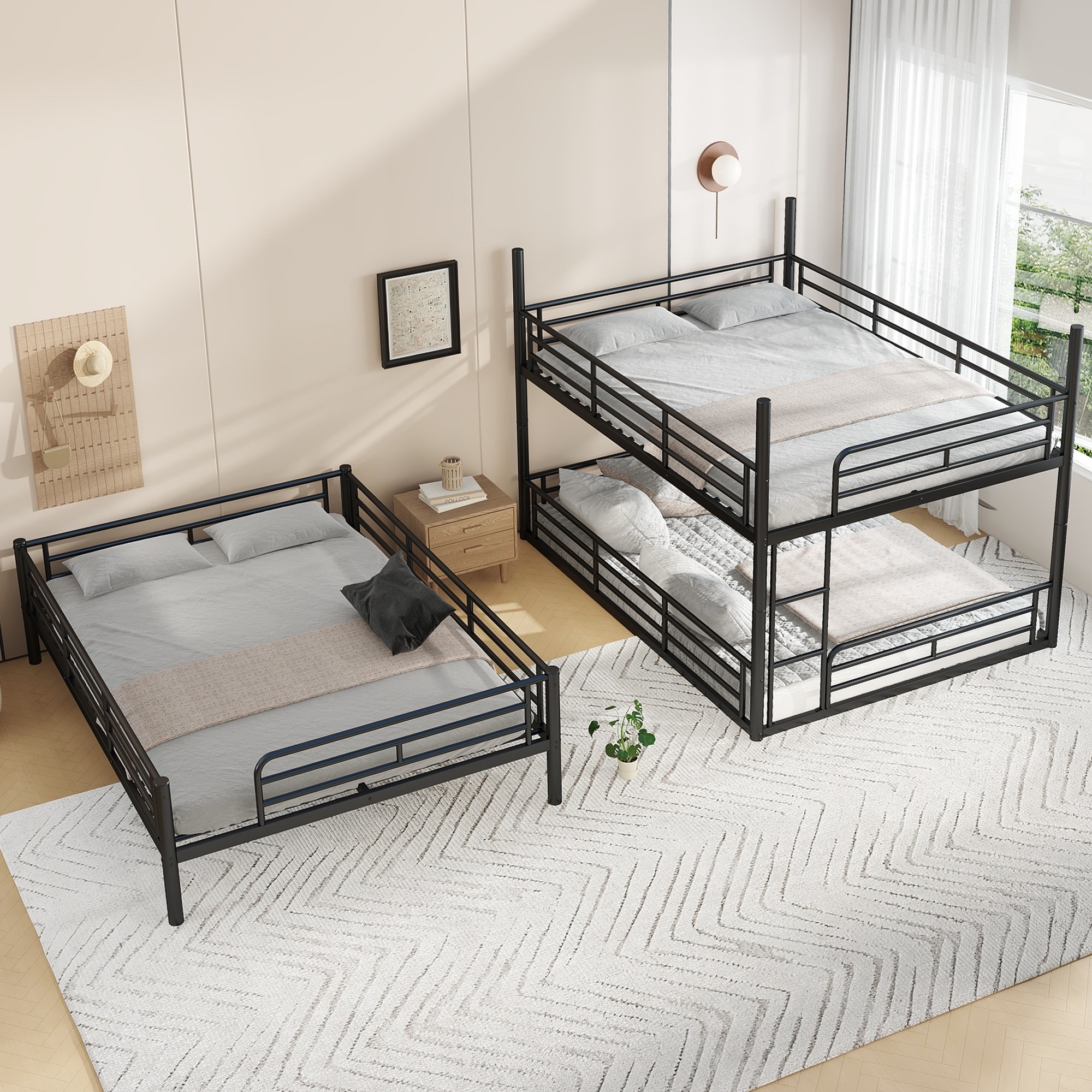 Roomfitters Metal Triple Bunk Bed, Guardrails & Ladders, Heavy-Duty 3-Tier Frame, Noise-Reduced