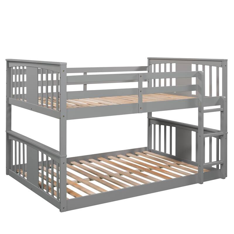Full Over Full Bunk Bed w/Ladder, Solid Wood Bunk Platform Bedframe with Full Length Guardrail & Headboard, No Spring Box Needed