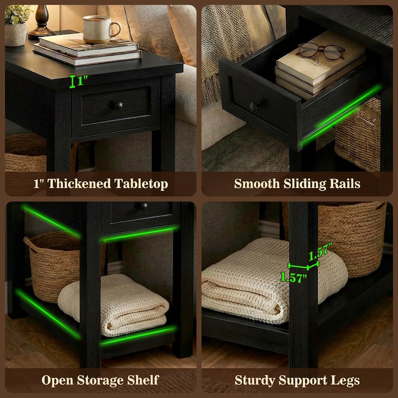 Farmhouse End Table with Wood Drawers and Charging Station, Sofa Side Table, Nightstand