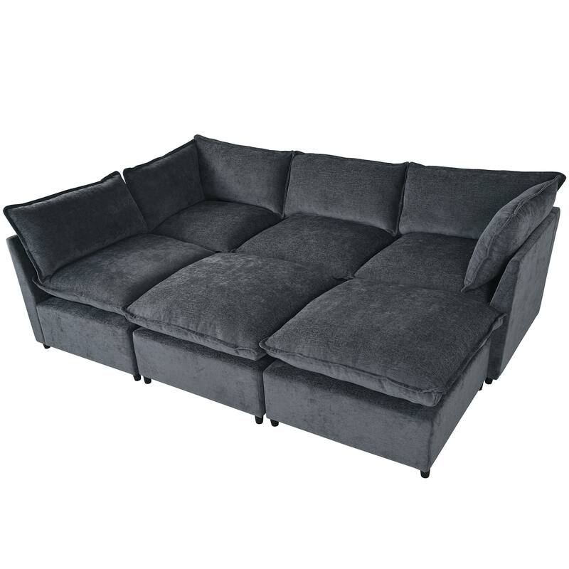 U-Shape Sectional Sofa Upholstered Couch with Removable Cushions and Solid Wood Frame, Modular Sofa 2 with Movable Ottoman