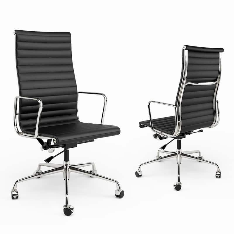 High Back Ergonomic Genuine Leather Ribbed Office Computer Chair - Black High Back