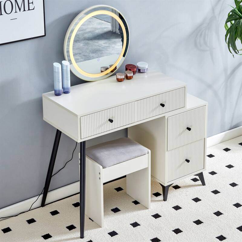Makeup Vanity with Round LED Mirror, Drawers and Adjustable Shelves - Milk White