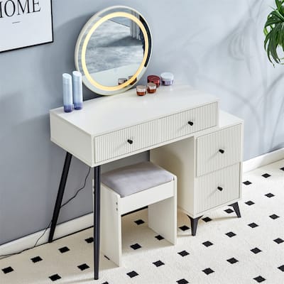 Makeup Vanity with Round LED Mirror, Drawers and Adjustable Shelves