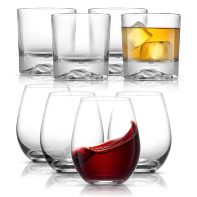 JoyJolt Bar Glasses Collection Crystal DOF Whiskey Glasses and Stemless Wine Glasses Set of 8
