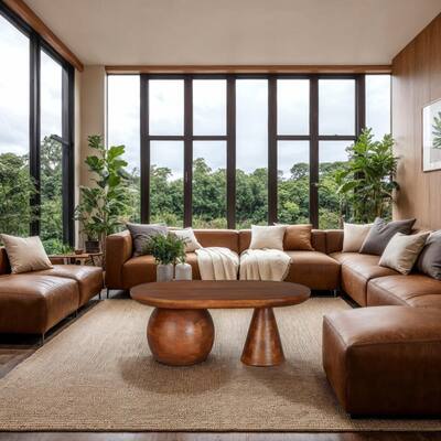 Leeds Coffee Table | 38" Handmade Walnut Brown Mango Wood Oval Top | Round Ball and Cone Base