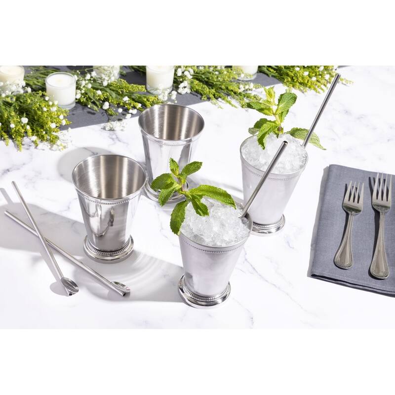 Mint Julep Cup Bar Accessories Drinking Cups 12 oz - 8 Pieces - 4 Cups & 4 Straws - Set of 4 - Silver