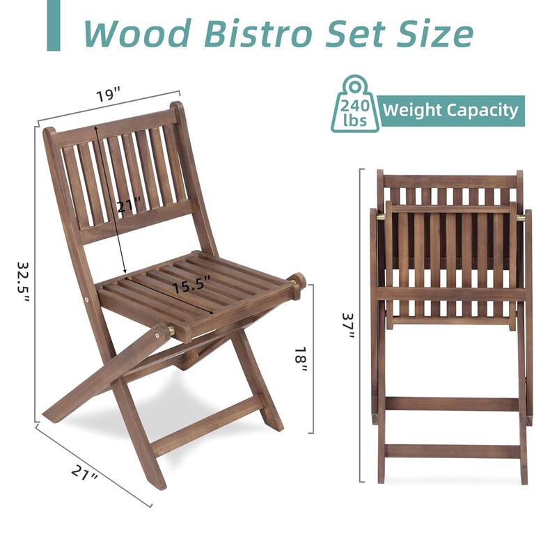 Farmhouse 3-Piece Acacia Bistro Set, Foldable Wood Patio Furniture with Coffee Table & Chairs, Space-Saving Set